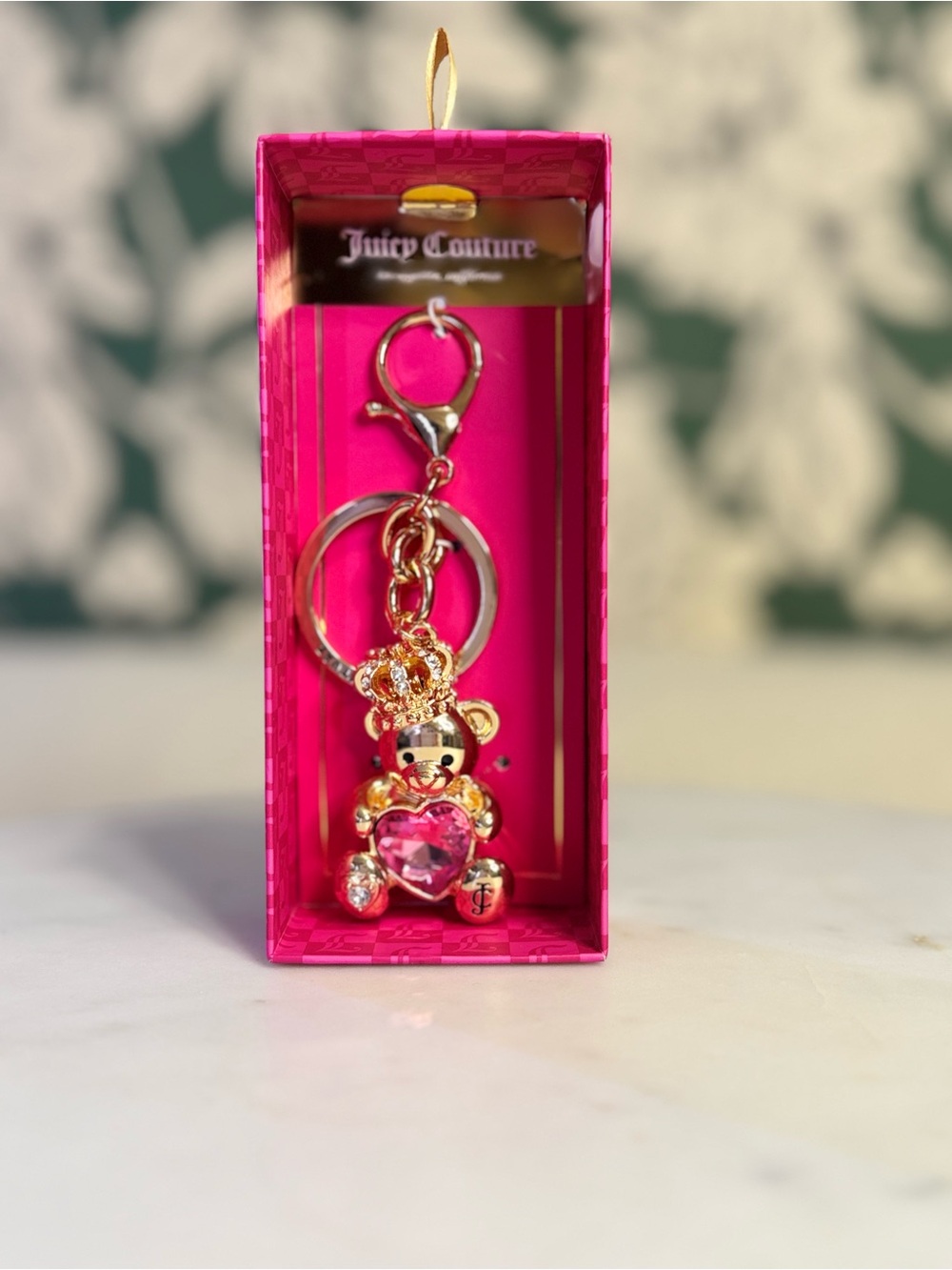 Juicy Couture Gold-Tone Pink Crystal Teddy Bear Key Charm NWT